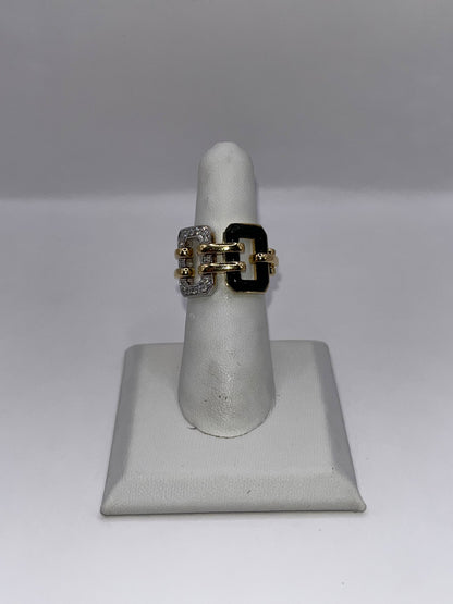 Chanel 18K Yellow Gold Diamond & Onyx Chain Link Ring