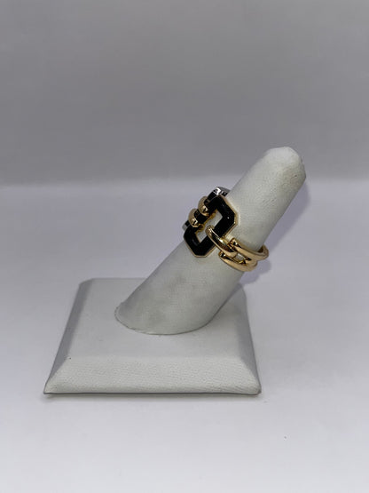 Chanel 18K Yellow Gold Diamond & Onyx Chain Link Ring
