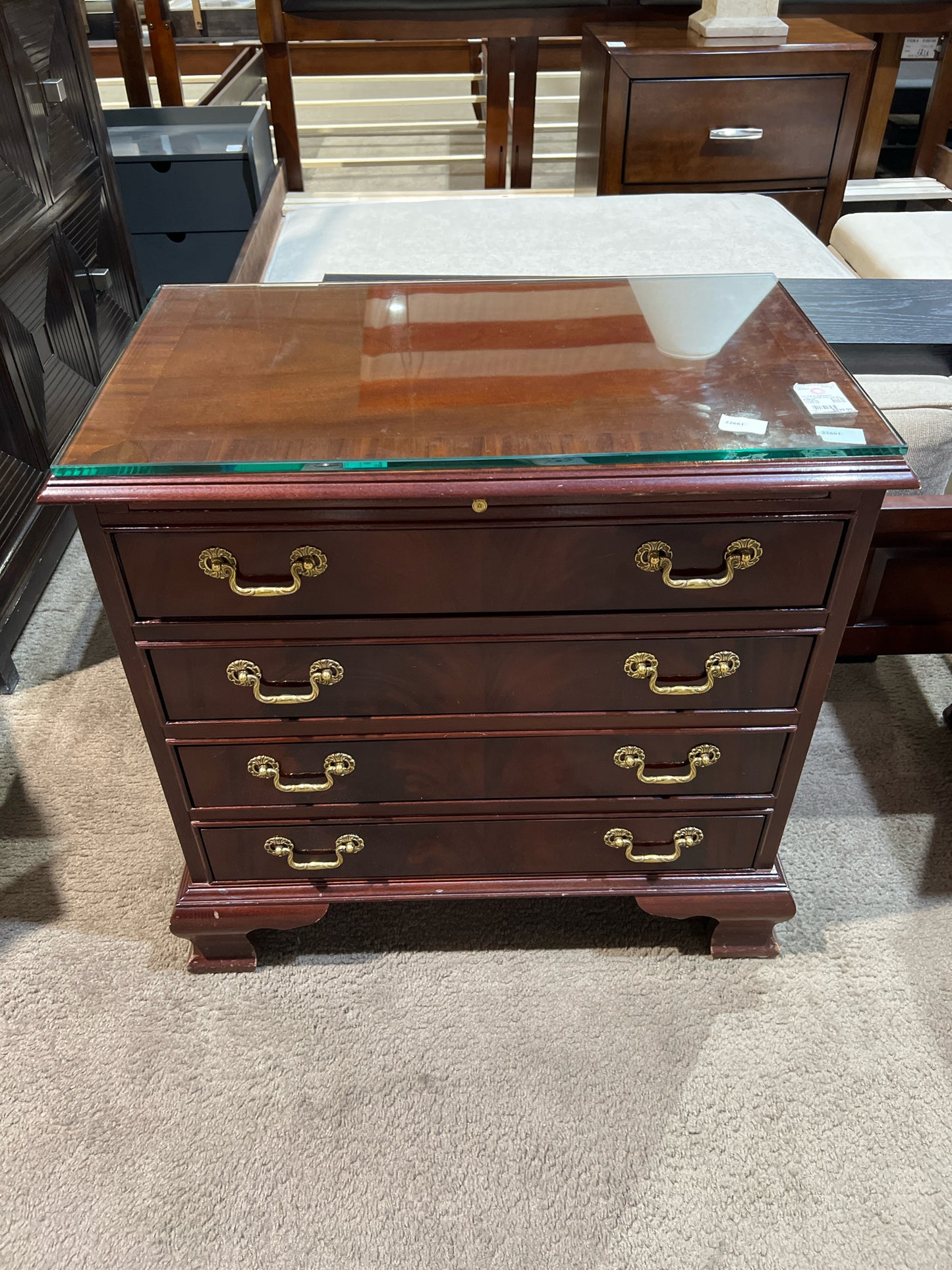 Bernhardt Nightstand Cherry Wood Gold Handle with Glass Top