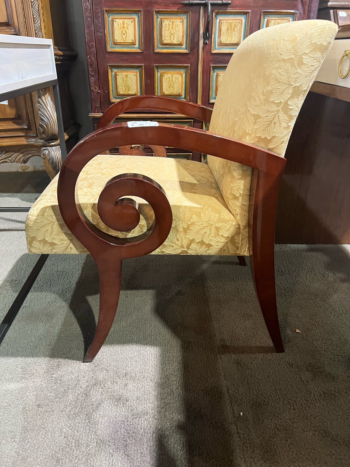 Gold Floral Fabric & Wood Frame Chair