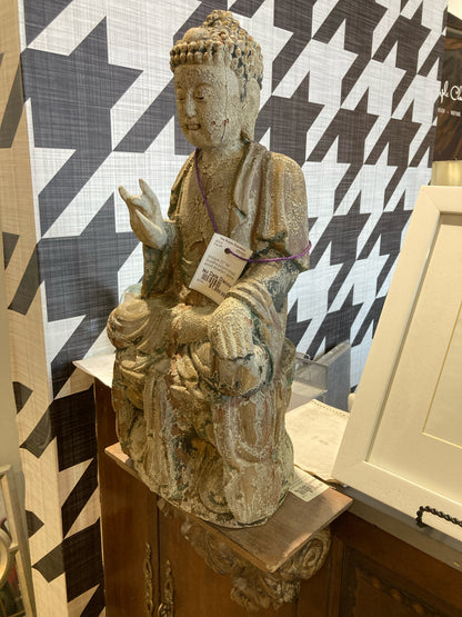 Antique 20" tall Buddha polychromed wood