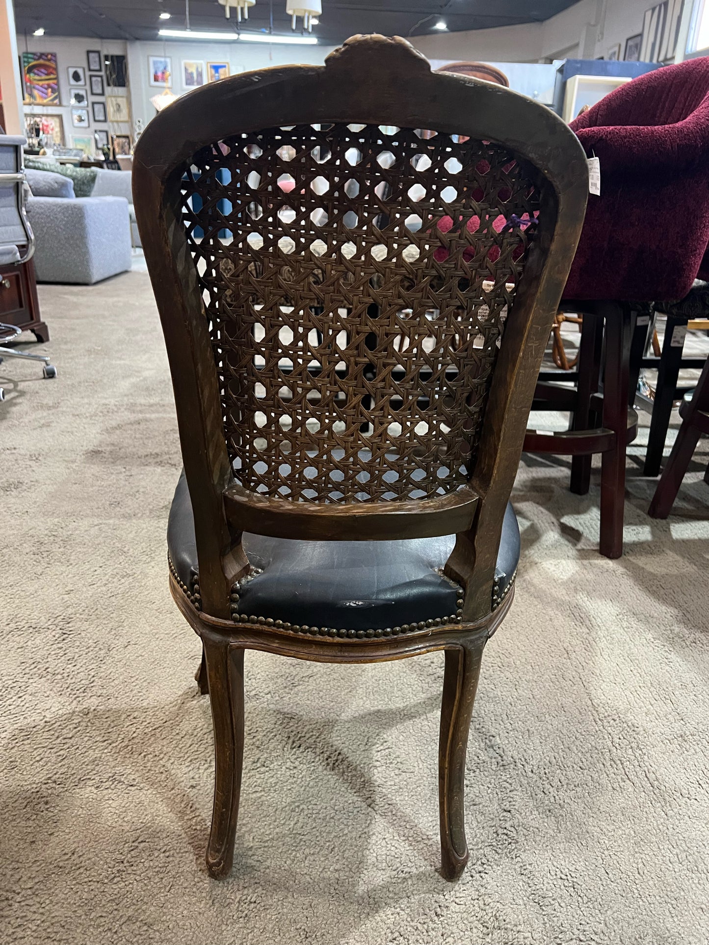 Louis XV Ornate Wood Frame & Black Leather Chair