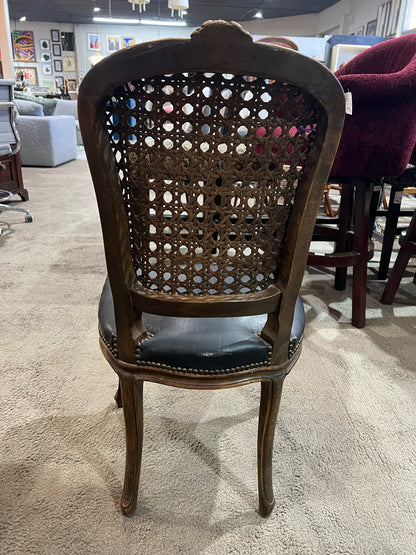 Louis XV Ornate Wood Frame & Black Leather Chair