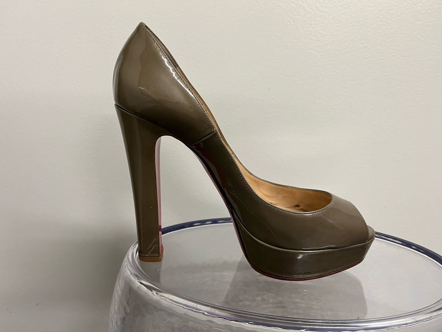 Christian Louboutin Taupe Patent Leather Peep Toe Pumps
