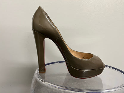 Christian Louboutin Taupe Patent Leather Peep Toe Pumps