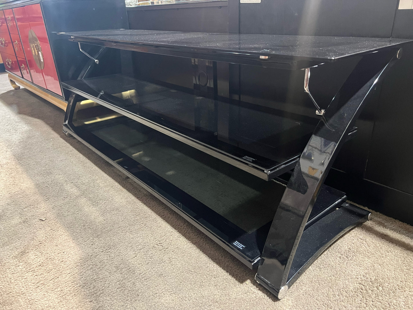 Black 3 Tier Smoke Glass & Metal Media Console