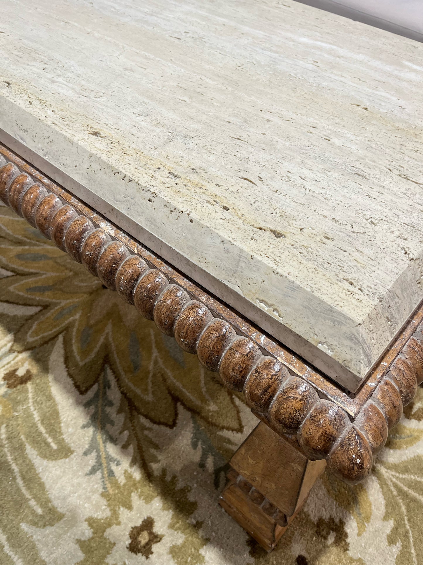 Kreiss Tan Travertine Top & Carved Wood Frame Coffee Table