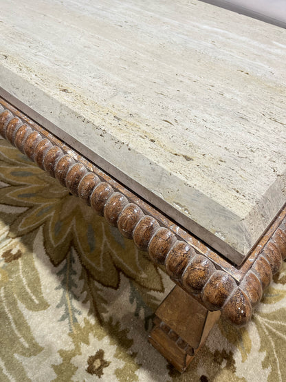 Kreiss Tan Travertine Top & Carved Wood Frame Coffee Table