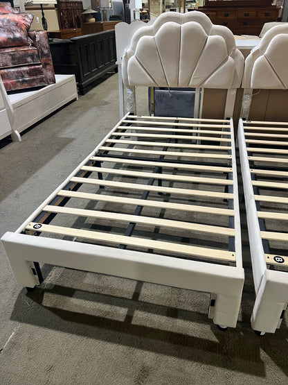 White Velvet Twin Size Shell Back Headboard Bed