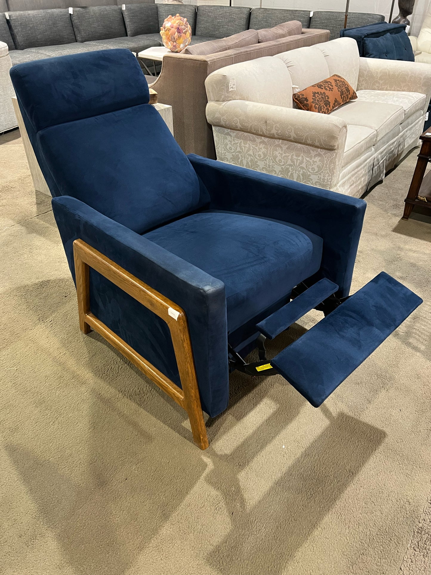 Albany Industries Blue Fabric & Wood Trim MCM "Adele" Recliner
