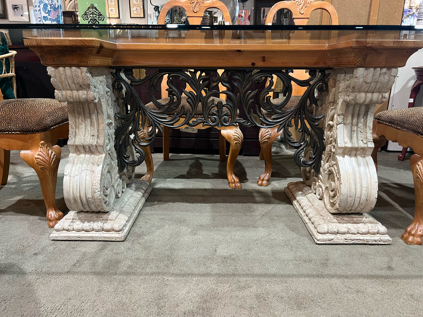 Thomasville Stone Base Dining Table & 6 Cheetah Print Fabric Chairs