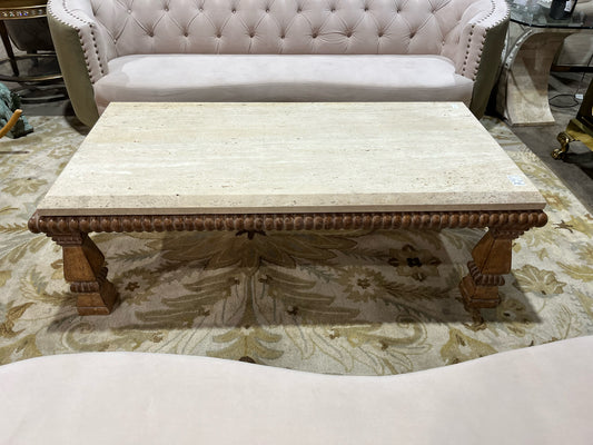 Kreiss Tan Travertine Top & Carved Wood Frame Coffee Table