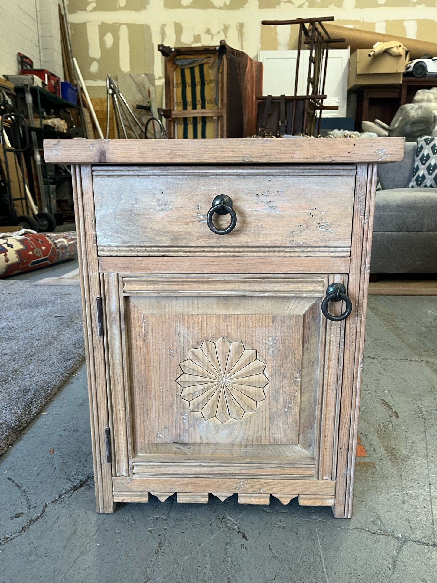 Rustic Wood Nightstand with Carved Star Door