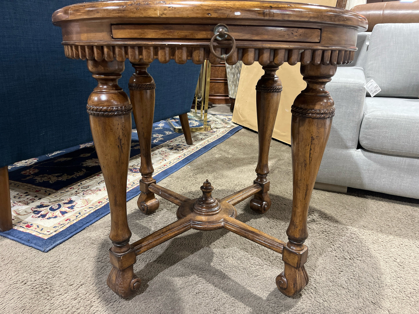 Round Darkwood Woven Top Side With Table Ornate Base