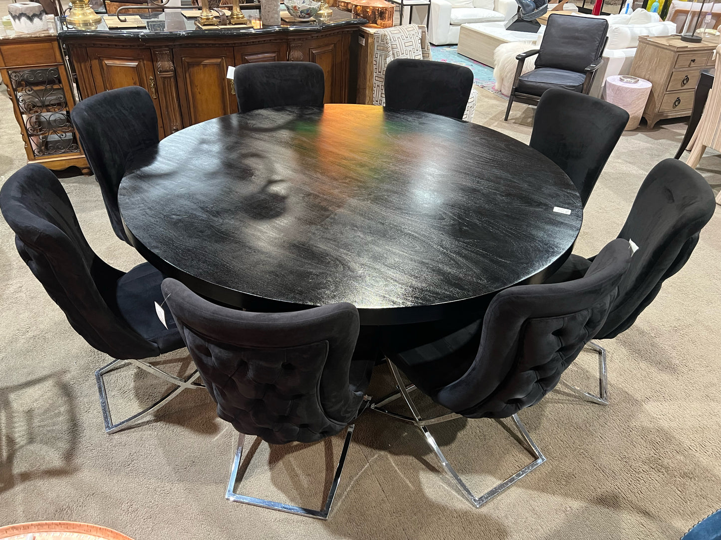 Table & Chairs Black Mahogany Wood & Velvet