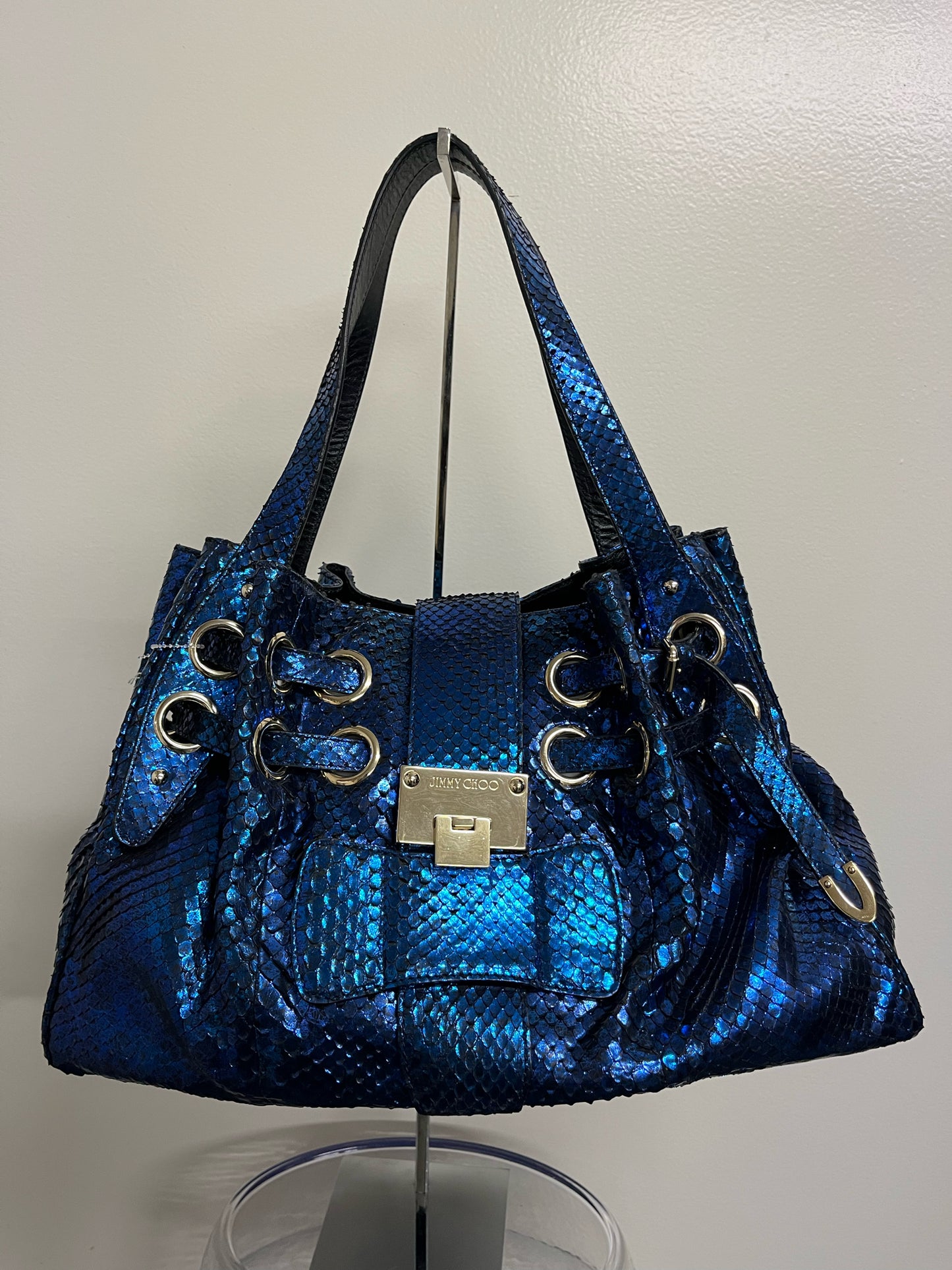 Jimmy Choo Metallic Blue "Ramona" Snake Skin Satchel