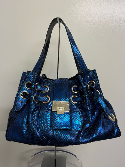 Jimmy Choo Metallic Blue "Ramona" Snake Skin Satchel