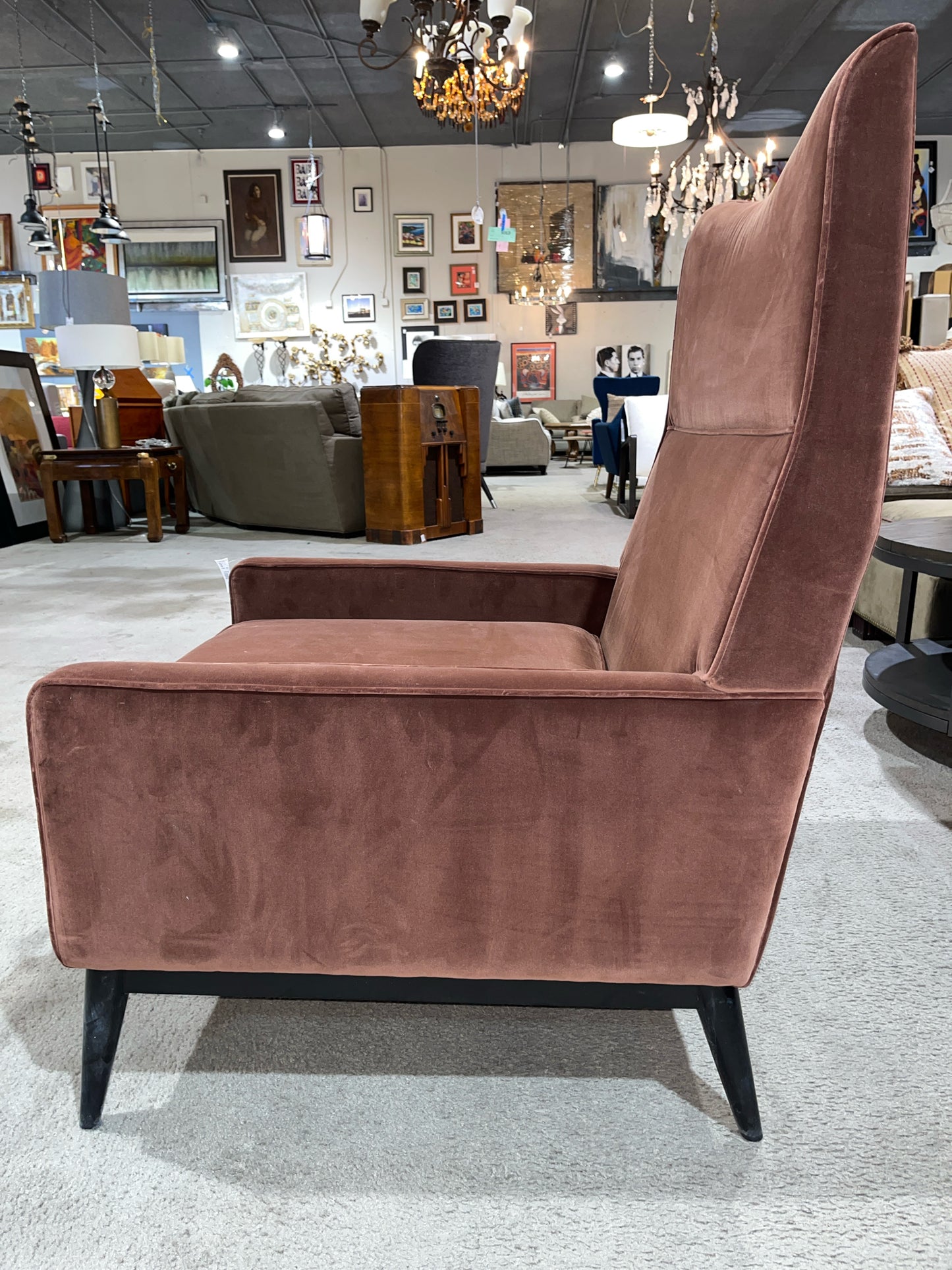 CB2 Contemporary Brown Velvet Wing Chair & Ottoman Set