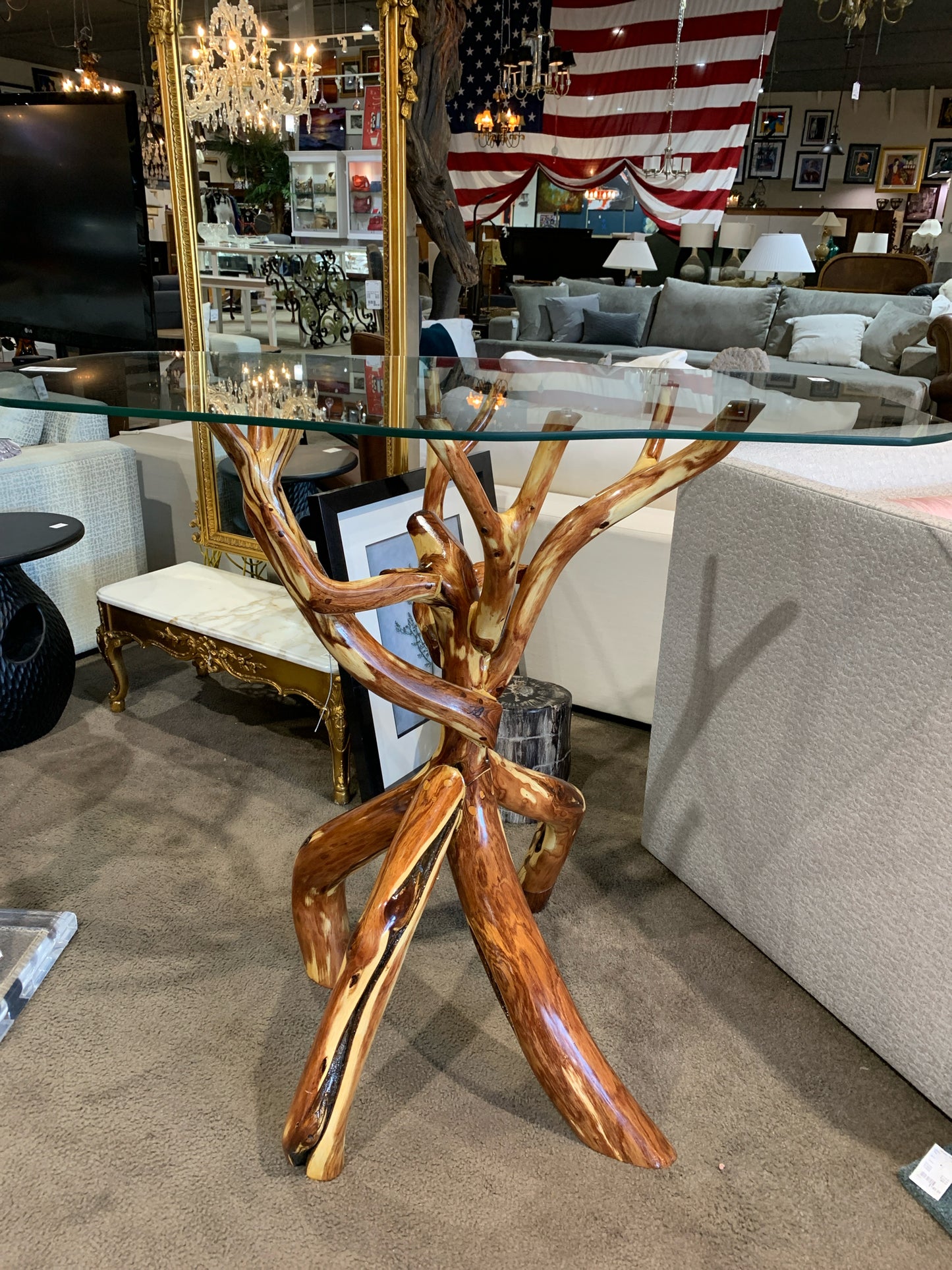 Handcrafted Live Tree & Glass Top Table