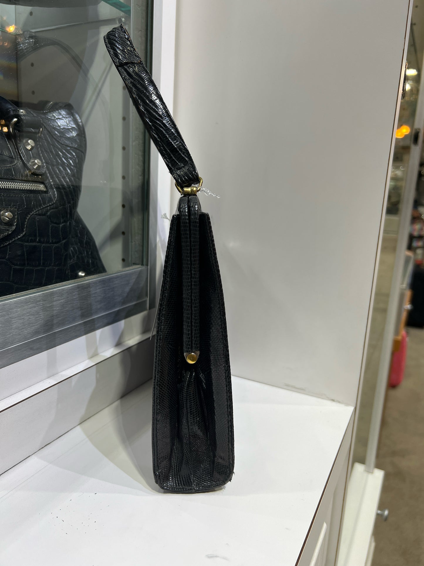 Vintage Black Lizard Leather Gold Hardware Handbag