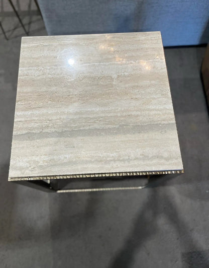 Lexington Tan Travertine Top & Brush Metal Frame "Stone Canyon" Side Table