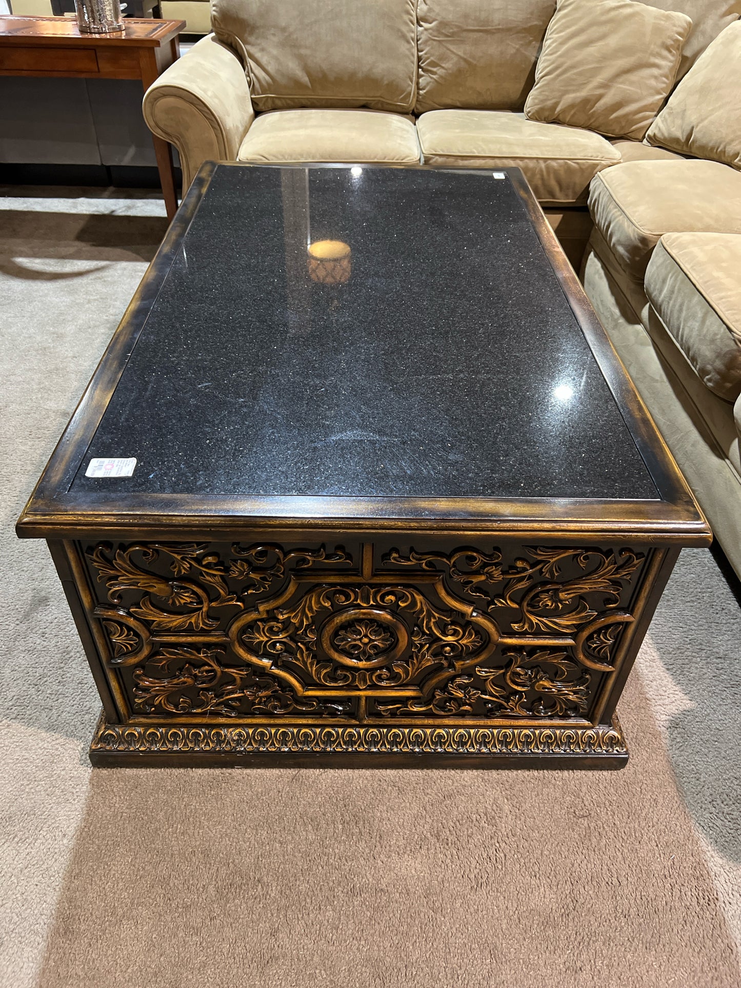 John Richard 4 Drawer Dark Brown Black Granite Top Carved Wood Coffee Table