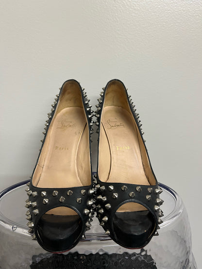 Christian Louboutin Black Leather Silver Spike Heels