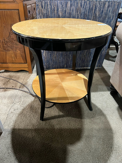 1990's 2 Teir Black Laquered Wood & Sunburst Top Side Table