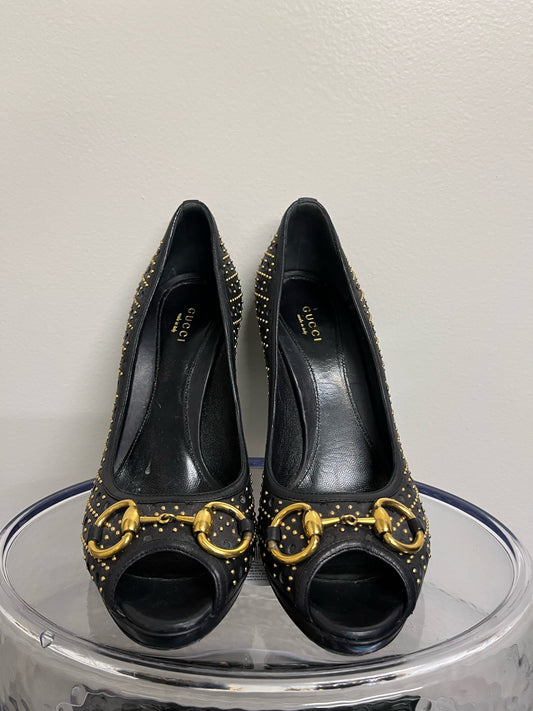 Gucci Peep "Horsebit" Studded Heels