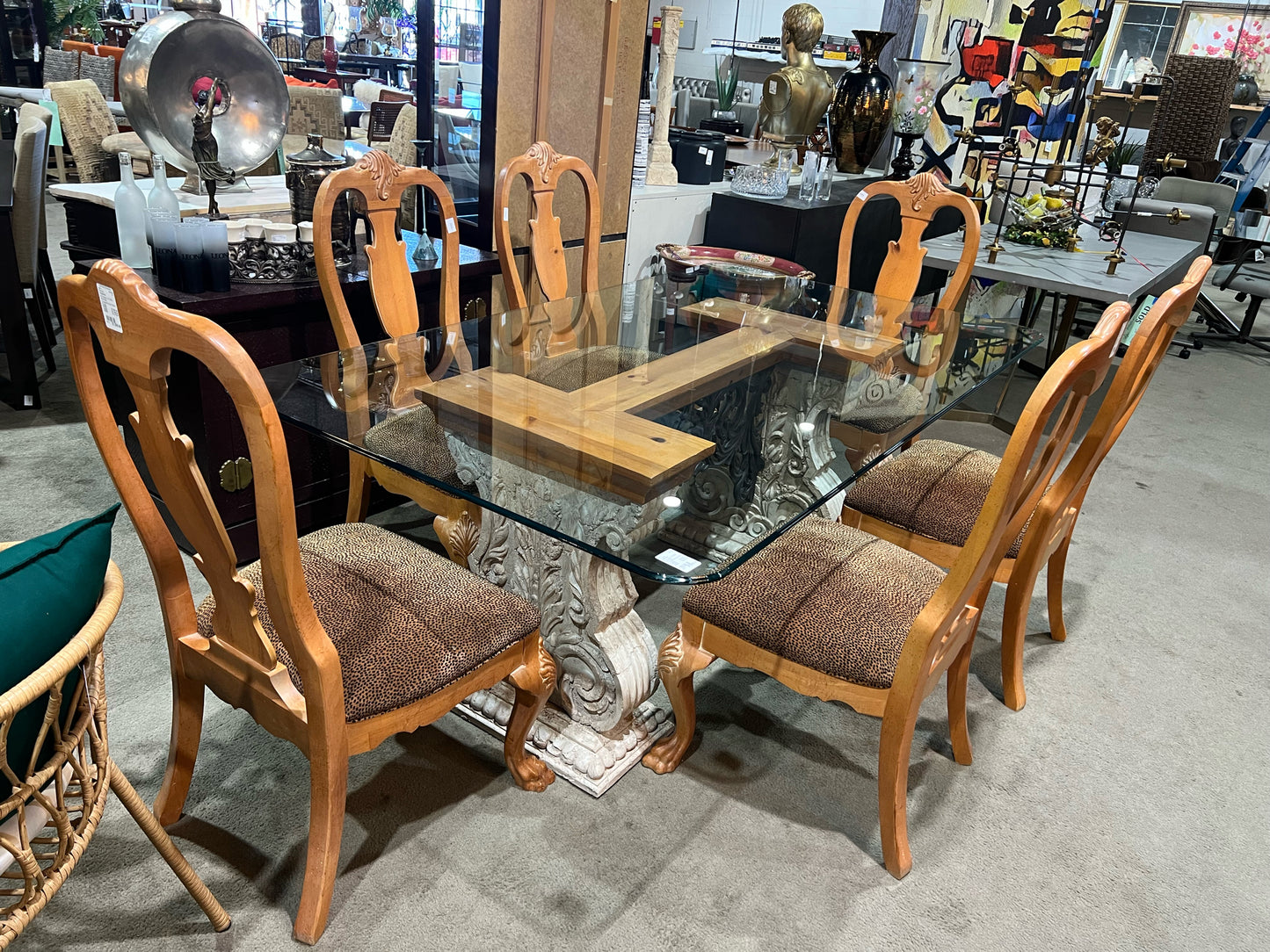 Thomasville Stone Base Dining Table & 6 Cheetah Print Fabric Chairs