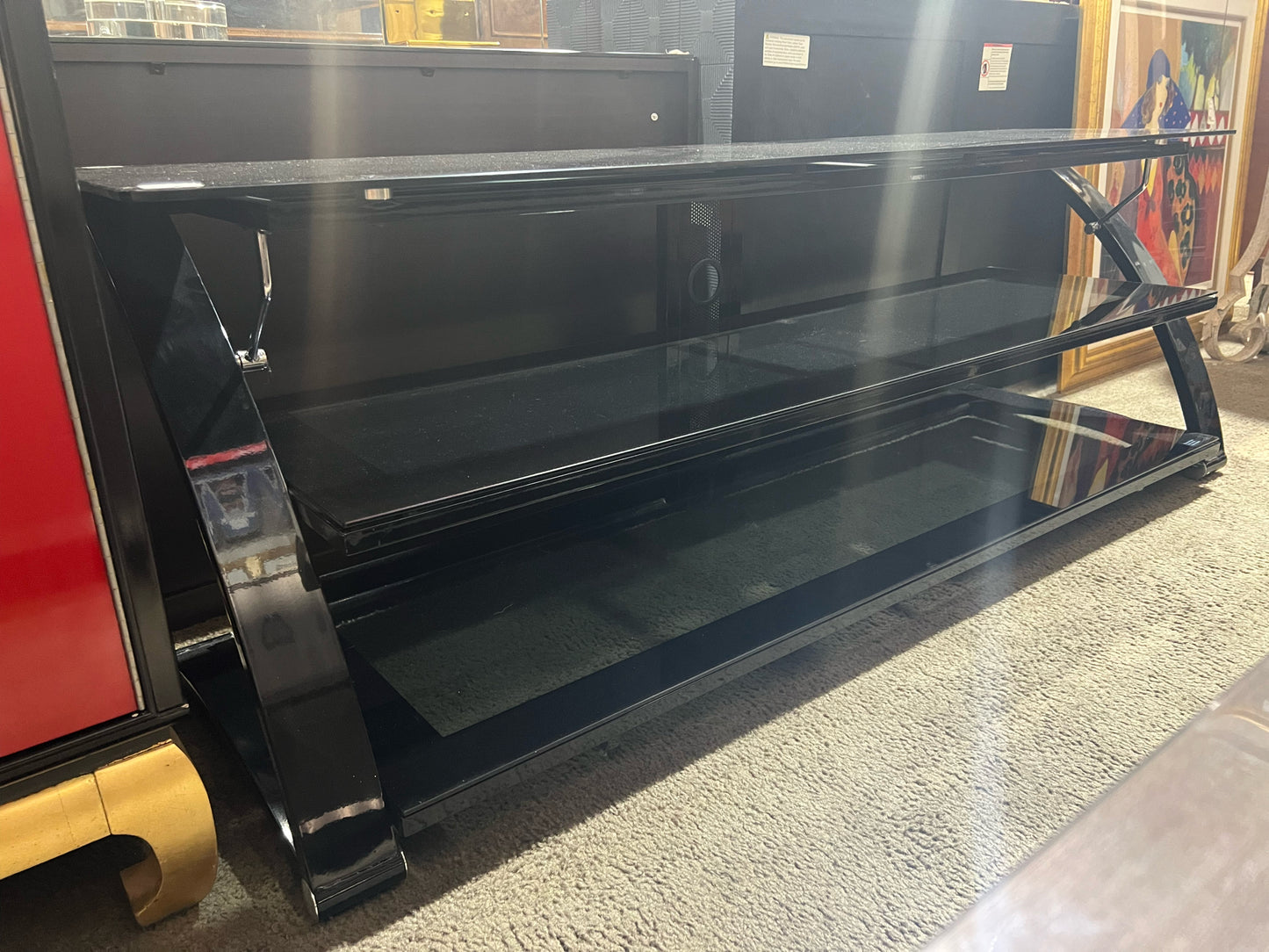 Black 3 Tier Smoke Glass & Metal Media Console
