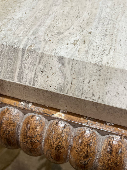 Kreiss Tan Travertine Top & Carved Wood Frame Coffee Table