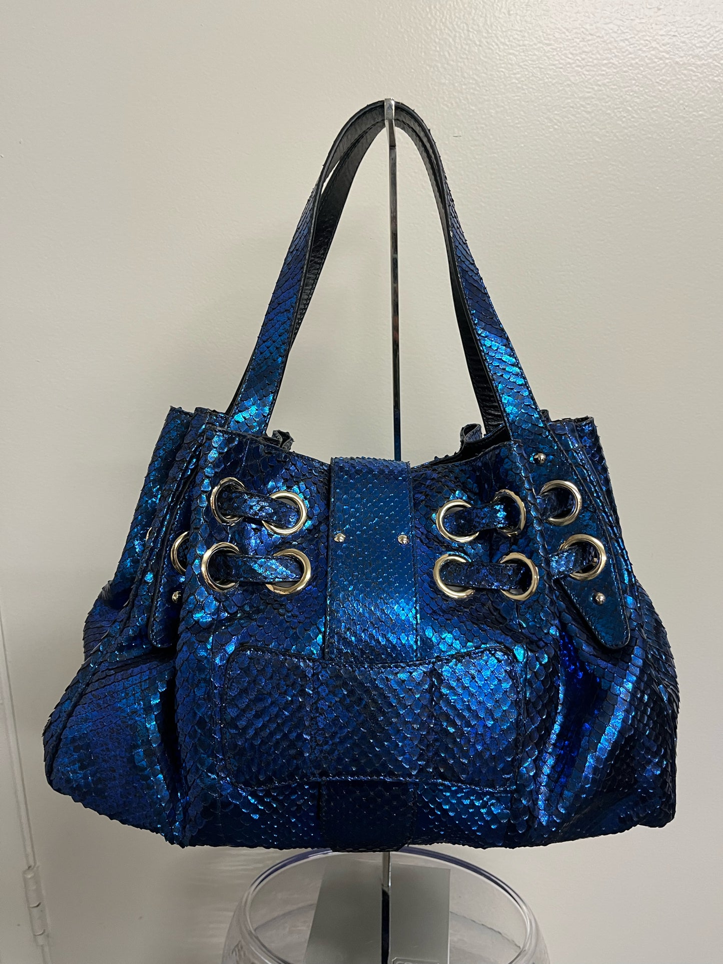 Jimmy Choo Metallic Blue "Ramona" Snake Skin Satchel