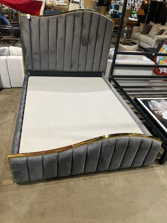 Queen Size Grey Velvet Channel Tufted Bed