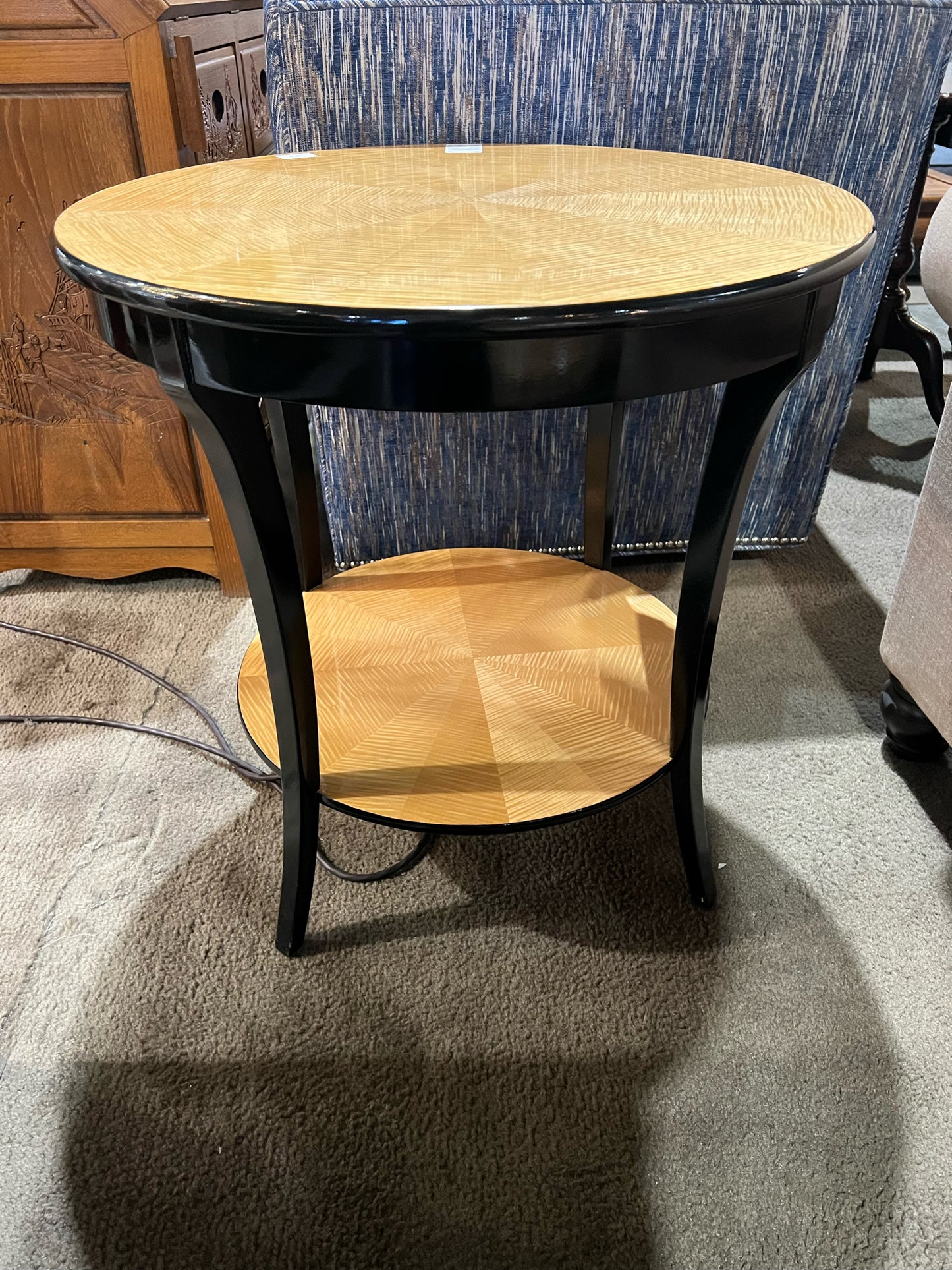 1990's 2 Teir Black Laquered Wood & Sunburst Top Side Table
