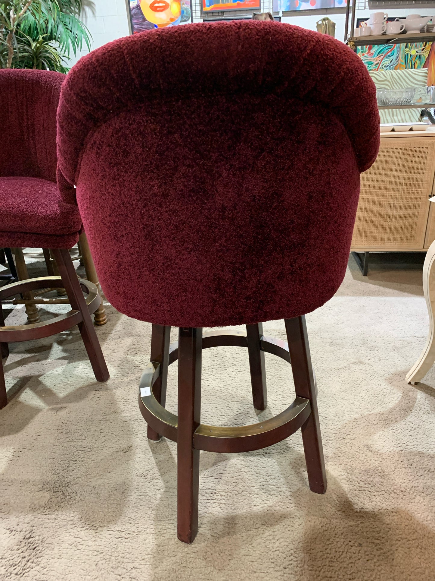 Burgundy Boucle Fabric & Wood Frame Bar Stool