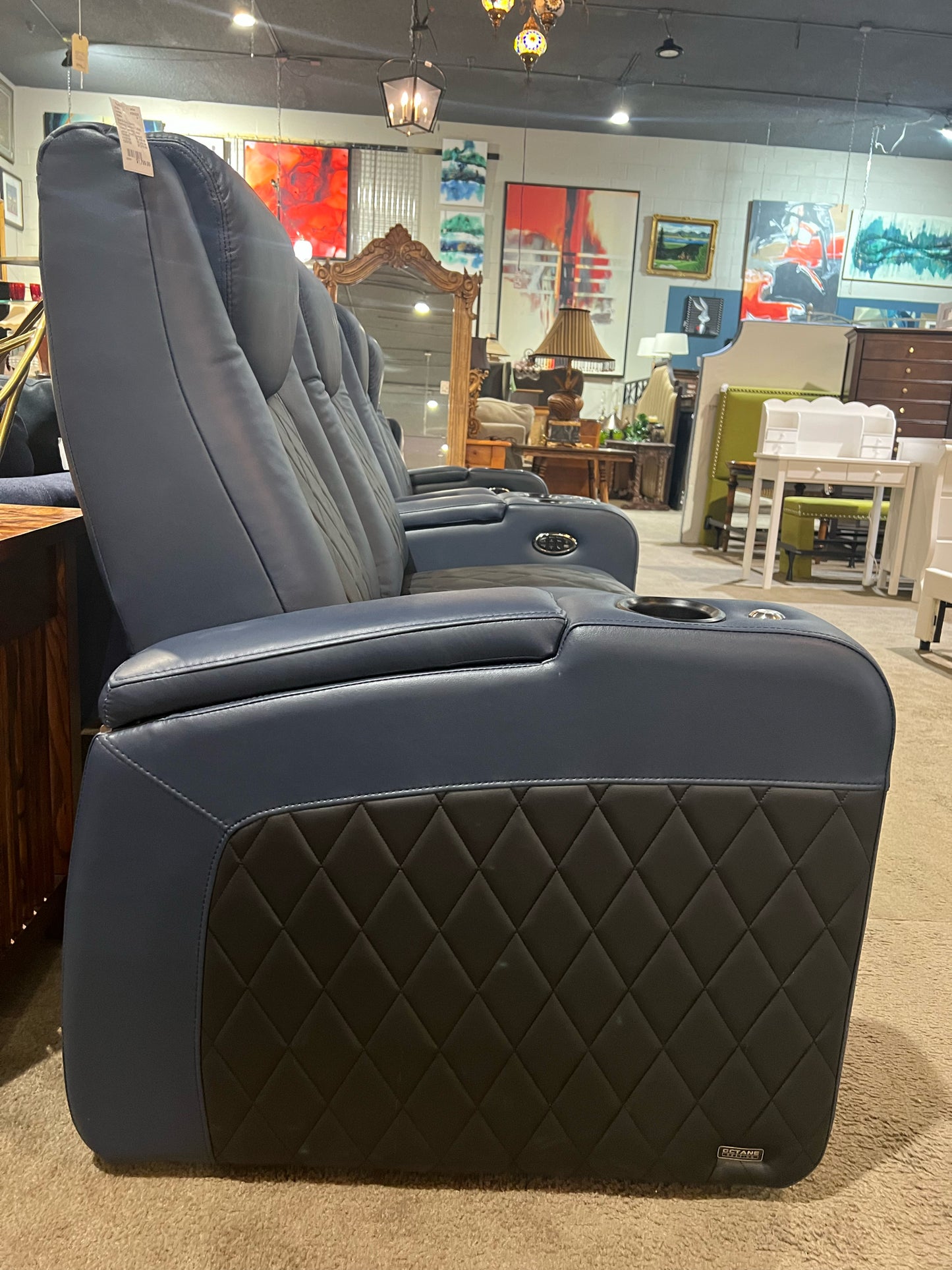 Octane Black & Blue Diamond Tufted Leather  Electric Reclining "Azure" Loveseat