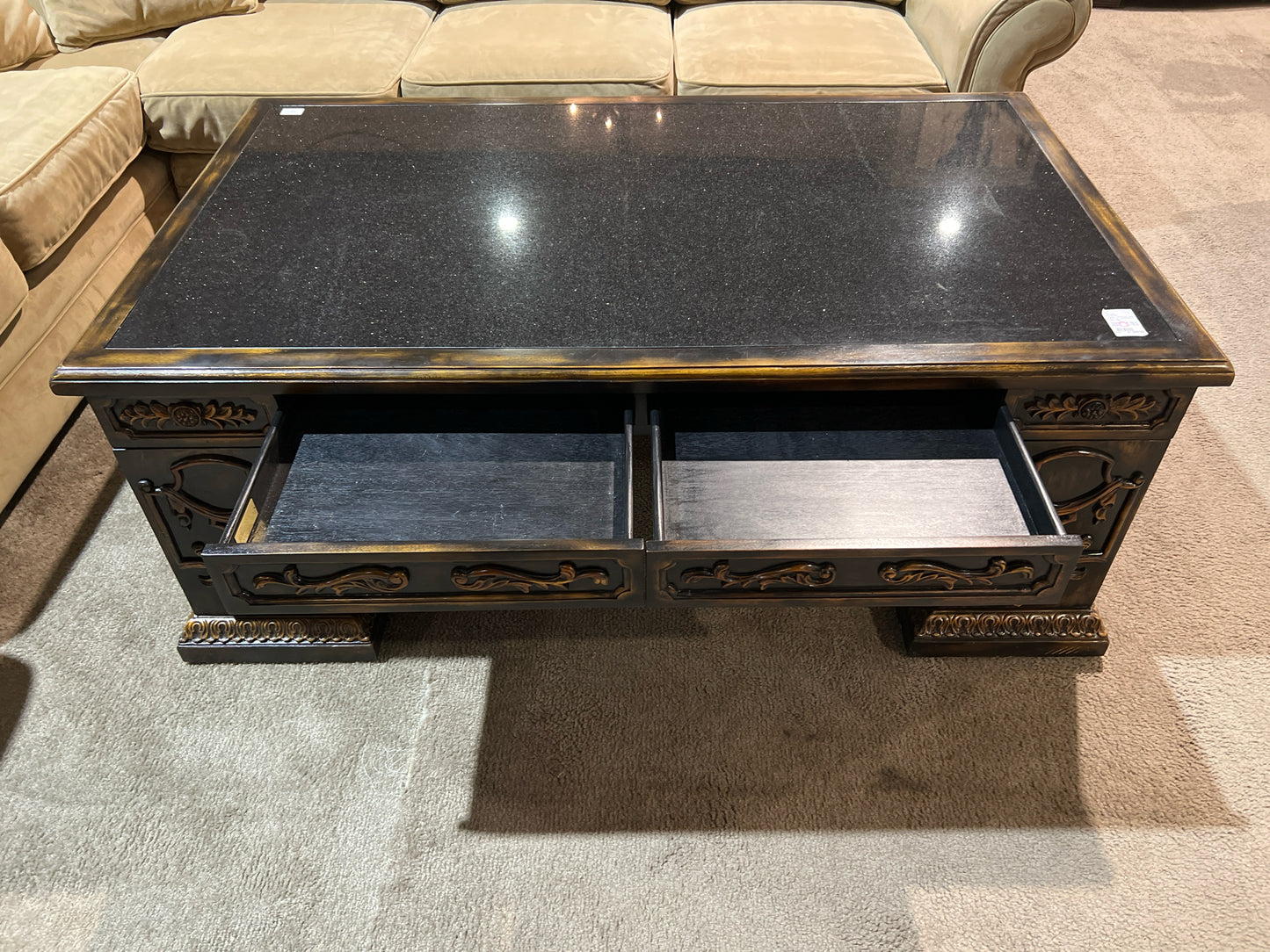 John Richard 4 Drawer Dark Brown Black Granite Top Carved Wood Coffee Table