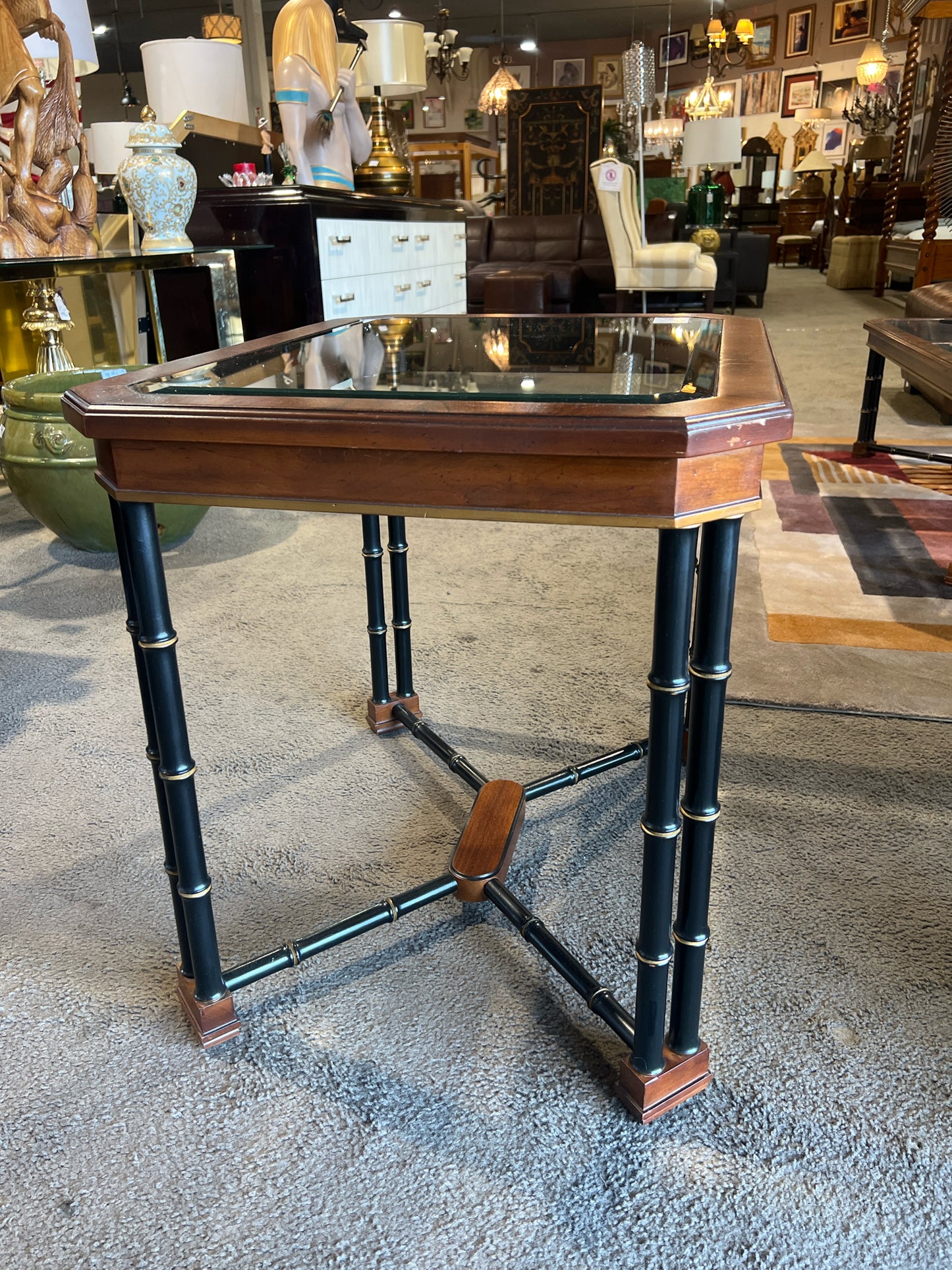 John Widdicomb Faux Bamboo & Glass Insert End Table