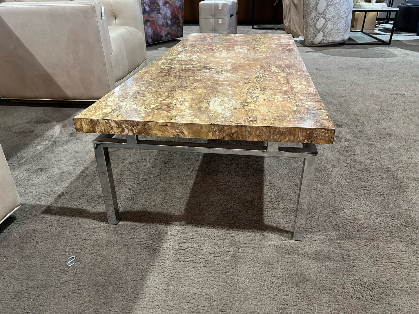 Milo Boughman Style Chrome Frame & Faux Olive Wood Top Coffee Table