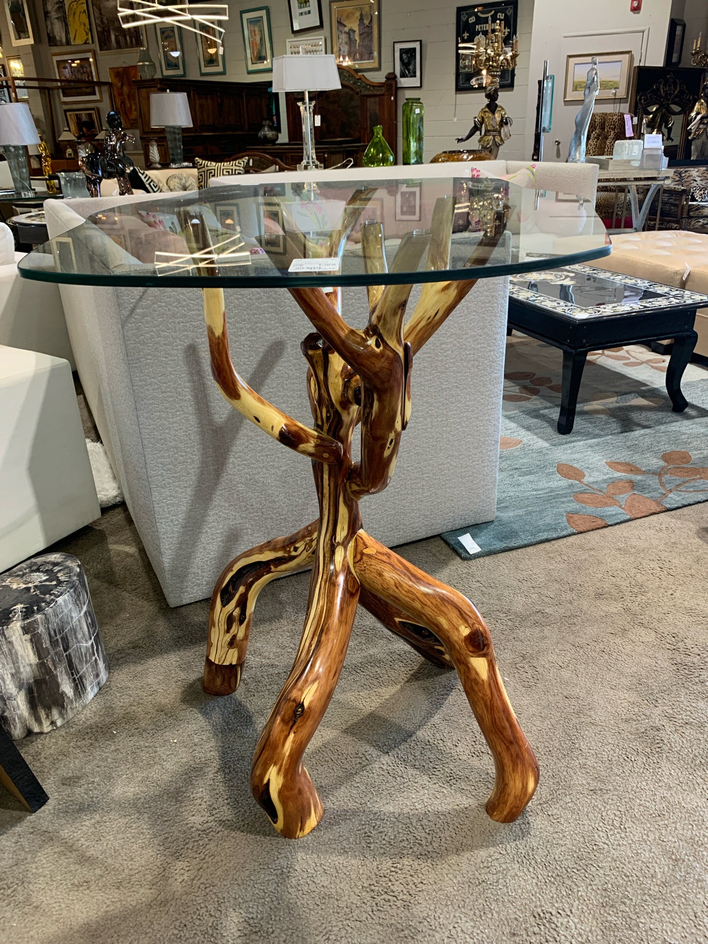Handcrafted Live Tree & Glass Top Table