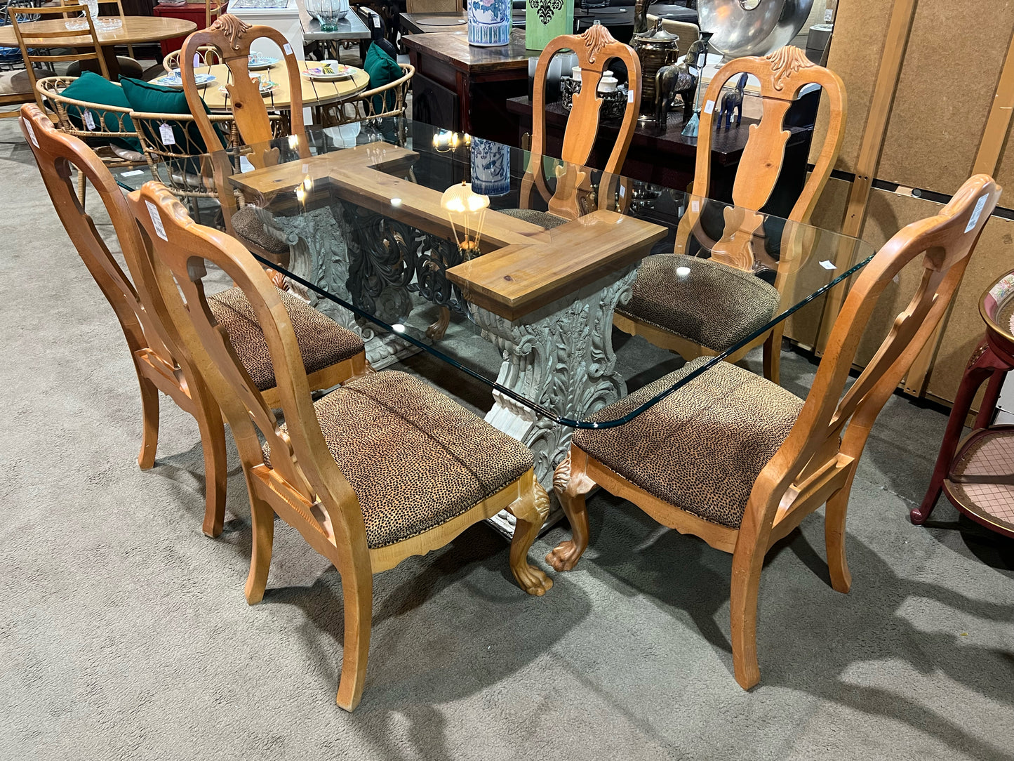 Thomasville Stone Base Dining Table & 6 Cheetah Print Fabric Chairs