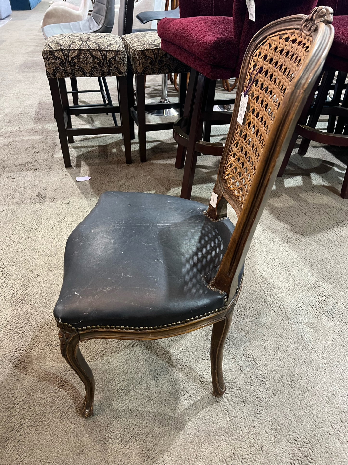 Louis XV Ornate Wood Frame & Black Leather Chair