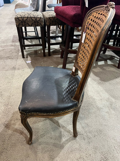 Louis XV Ornate Wood Frame & Black Leather Chair