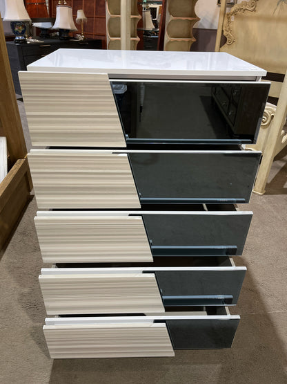 White Lacquered Wood & Smoke Mirror 6 Drawer Highboy Dresser