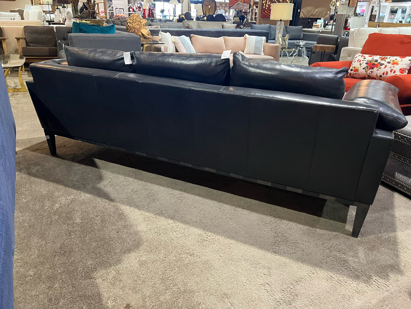 Baker Black Leather Milling Road Sofa & 3  Pillows