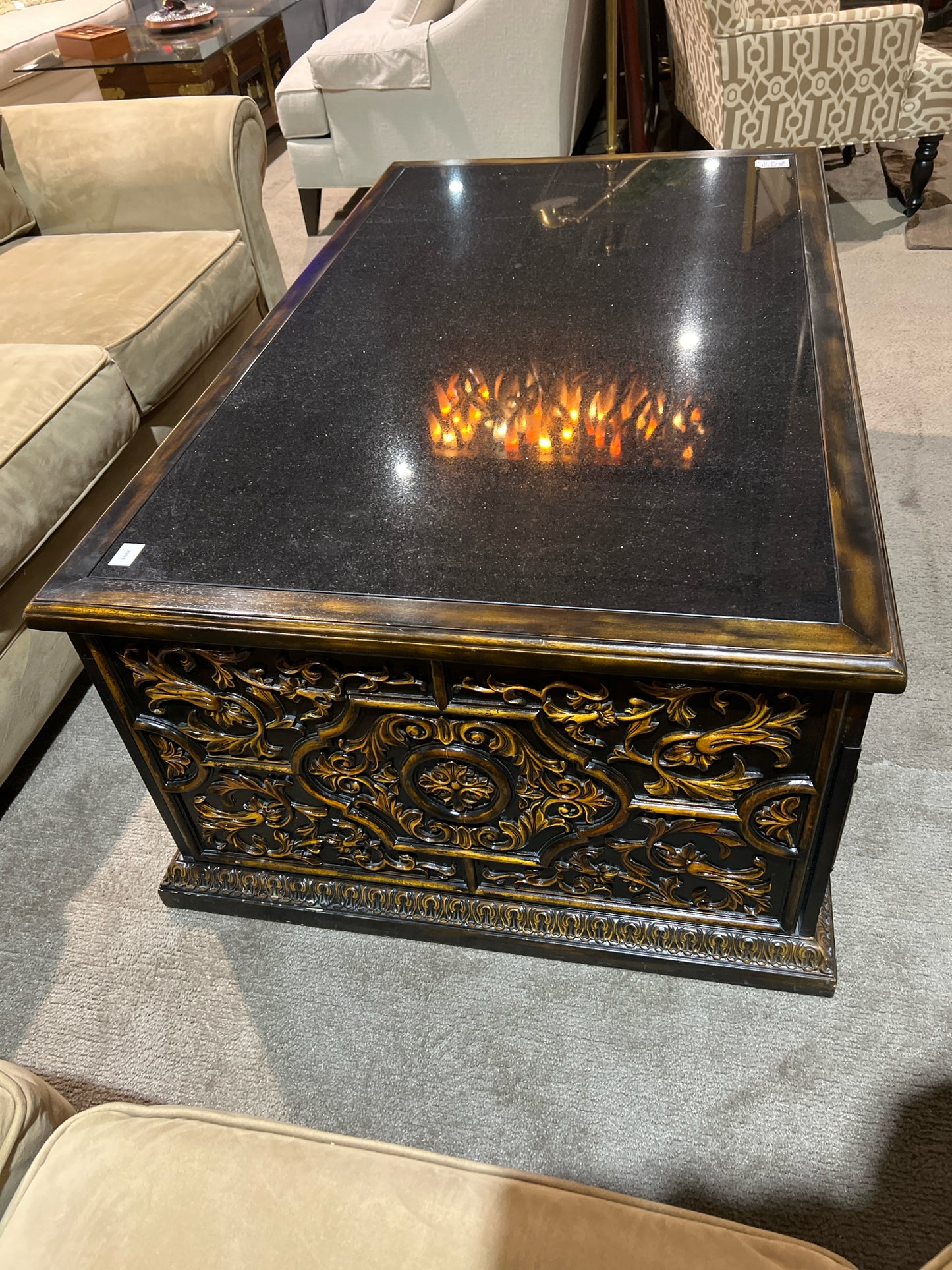 John Richard 4 Drawer Dark Brown Black Granite Top Carved Wood Coffee Table