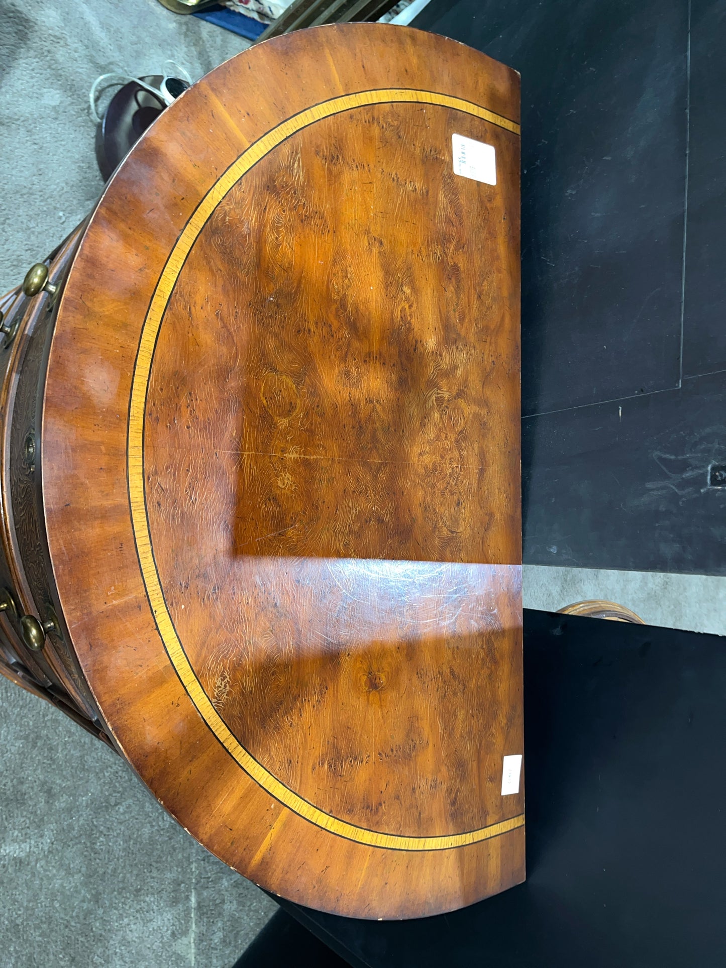 Darkwood Half Round Cabinet With Inlaid Top & Floral Accents