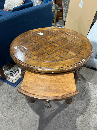 Round Darkwood Woven Top Side With Table Ornate Base