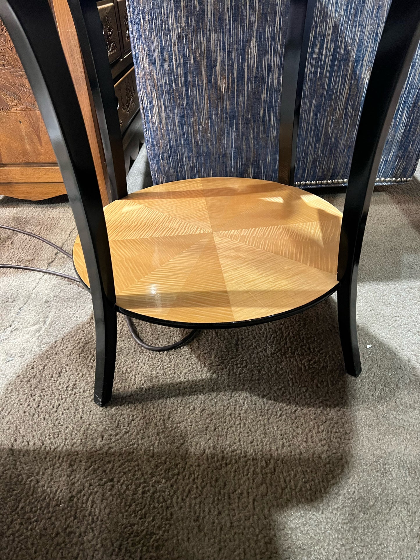 1990's 2 Teir Black Laquered Wood & Sunburst Top Side Table